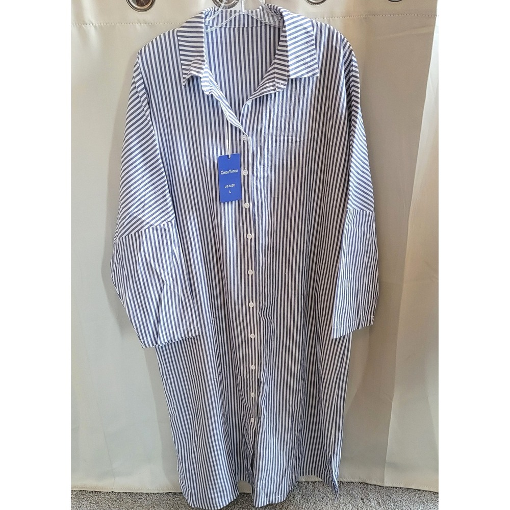 Chouyatou Women Shirt Dress Large Striped Button Up Coastal Nautical Beach 21597